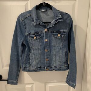 & Denim Jean Jacket Womens sz Large Blue Cropped Faded Button Up Biker Retro Y2K